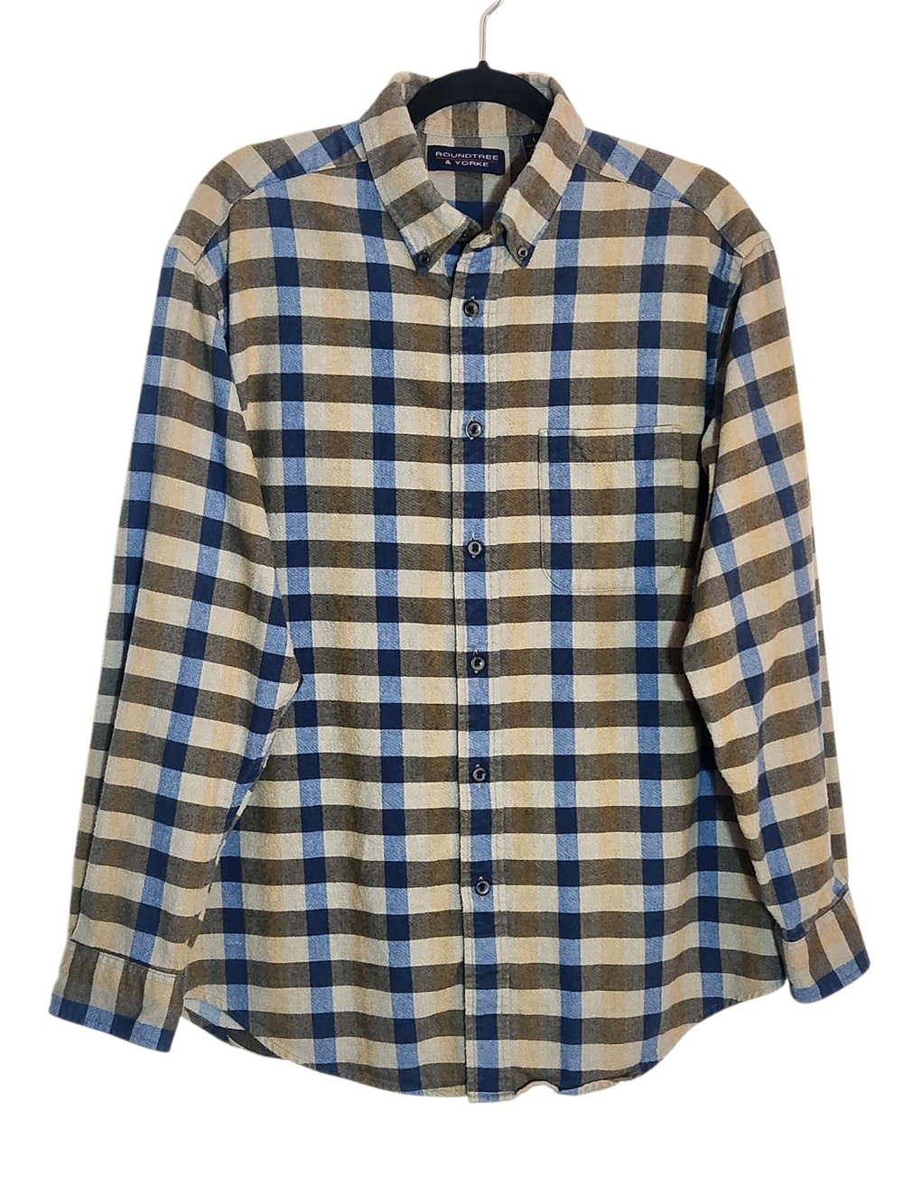 Roundtree & Yorke Brown and Blue Plaid Flannel Shirt Size Large